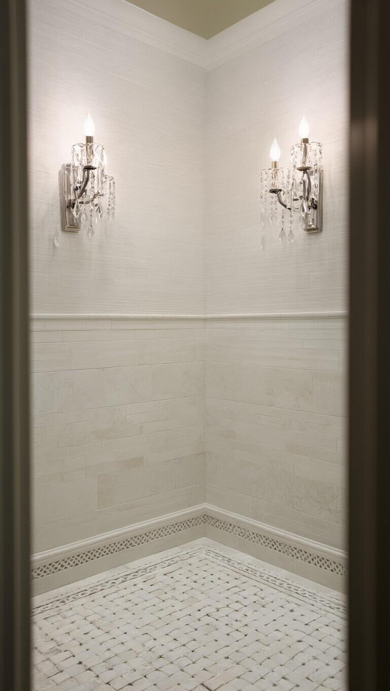 Elegant 5x6' powder room featuring basketweave marble border, large limestone-look tiles, textured white porcelain walls, and crystal sconces, captured from corner with focus on floor pattern.
