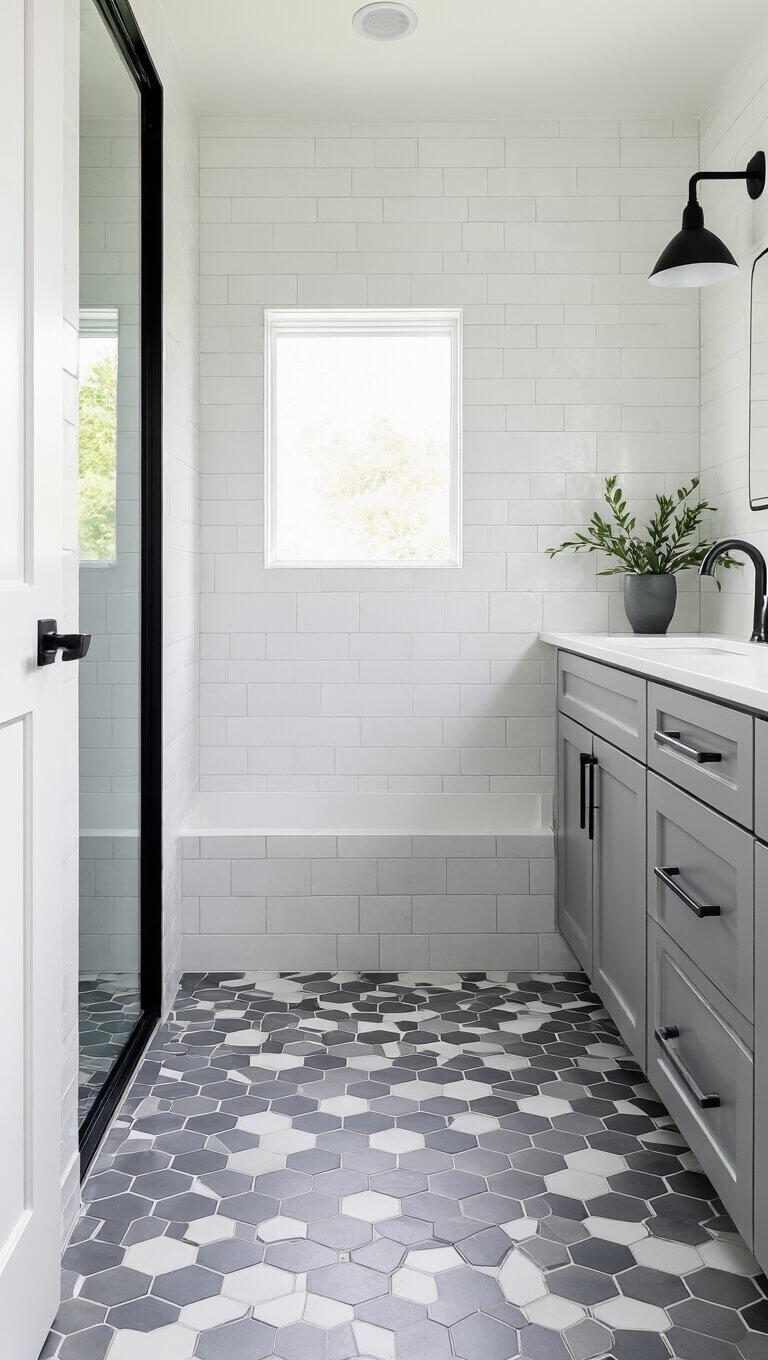 Modern 6x7 bathroom with gray and white hexagon floor tiles, large white wall tiles, matte black fixtures, and minimal decor, viewed from doorway.