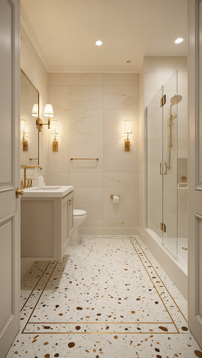 Elegant 5x8 bathroom with terrazzo-look porcelain floor tiles featuring brass inlays, cream-veined wall tiles, and warm evening lighting from designer sconces.