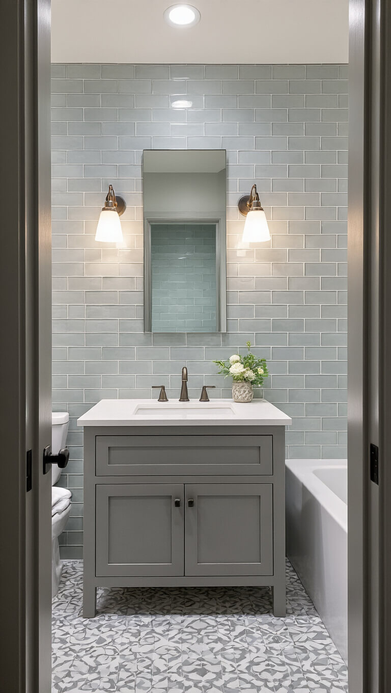 Straight-on view of a compact 6x6' bathroom with soft gray oversized subway tiles in a running bond pattern and a dimensional geometric tile feature wall behind the vanity, lit by mid-morning light.