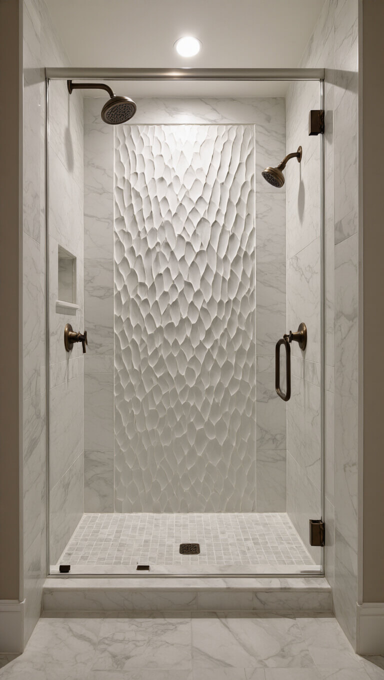 Elegant 7x7 bathroom with warm white marble-look porcelain, antique brass fixtures, dramatic waterfall feature wall, and soft cove lighting.