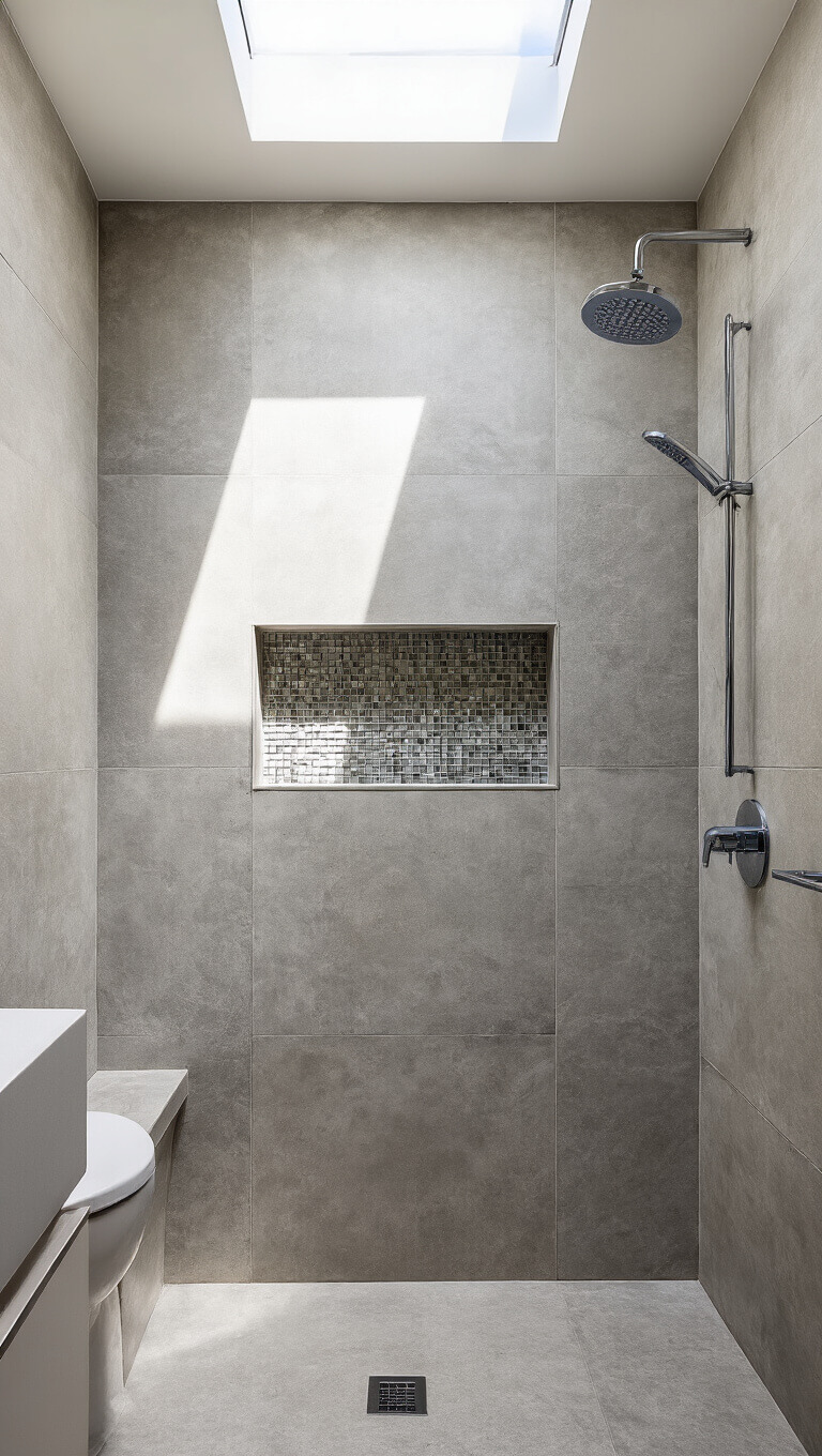Modern 5x7 bathroom with concrete-look tiles and mosaic shower niche, chrome fixtures, glass elements, and skylight casting dramatic shadows.