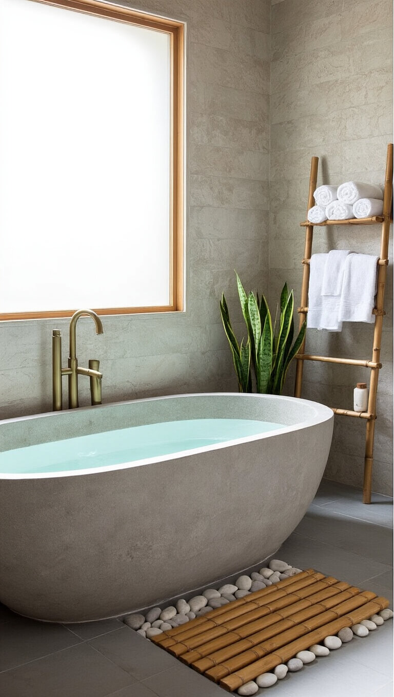 Spa-like bathroom with stone tub, limestone wall, bamboo shelf, and matte brass fixtures in soft morning light.