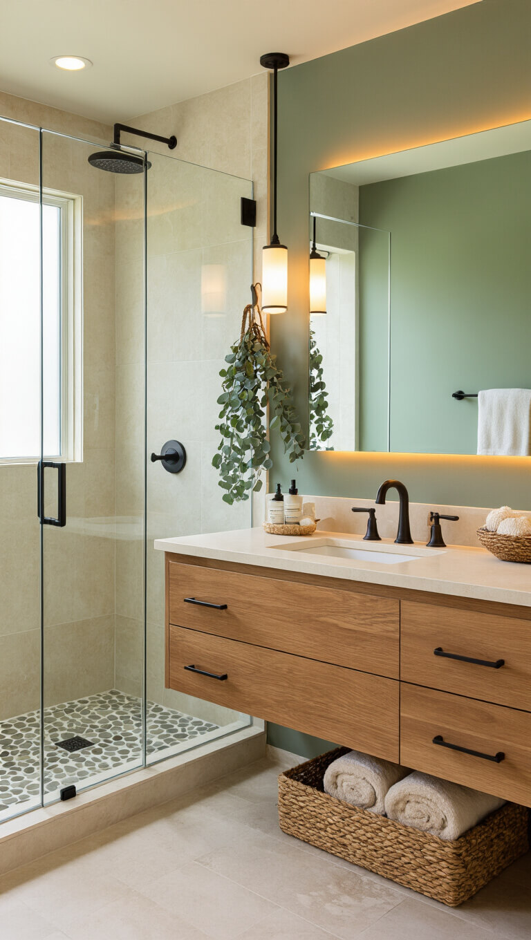 Corner master bathroom at golden hour with floating teak vanity, warm undermount lighting, glass shower with pebble floor, sage green accent wall, eucalyptus on black shower head, and basket of linen towels.