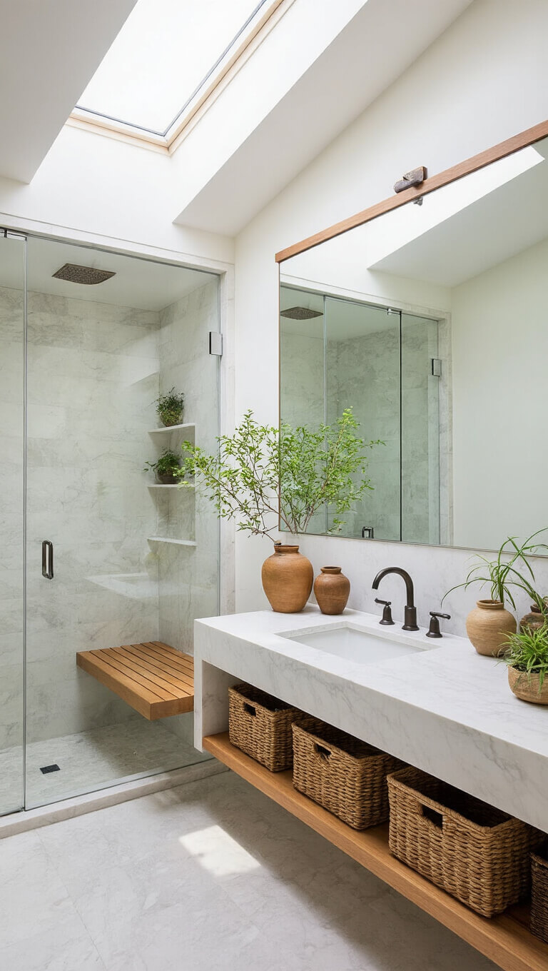 Bright master bathroom with skylight, walk-in shower, floating teak bench, marble double vanity, ceramic vessels, air plants, and woven storage baskets.