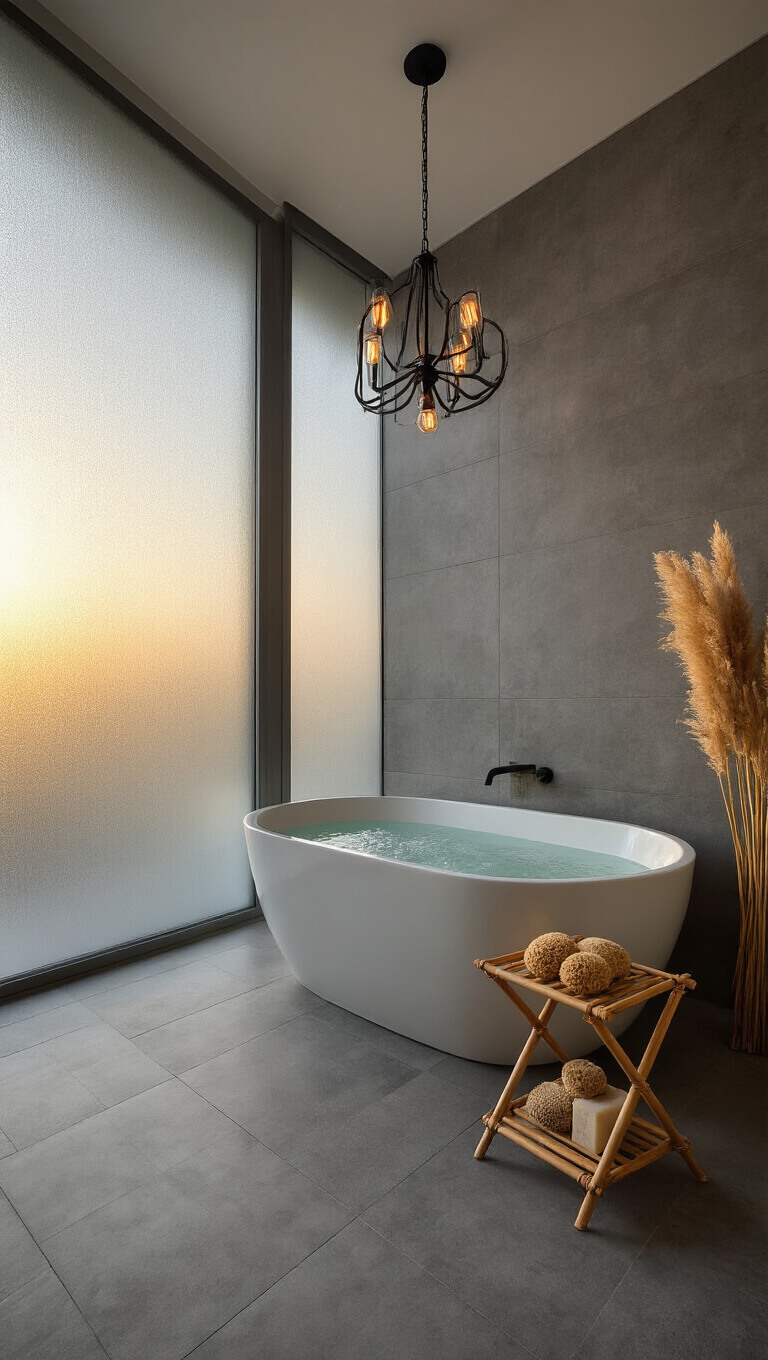 Zen-style bathroom at sunrise with steam-frosted glass, freestanding soaking tub, grey porcelain tiles, chandelier, and bamboo bath caddy with natural accents.