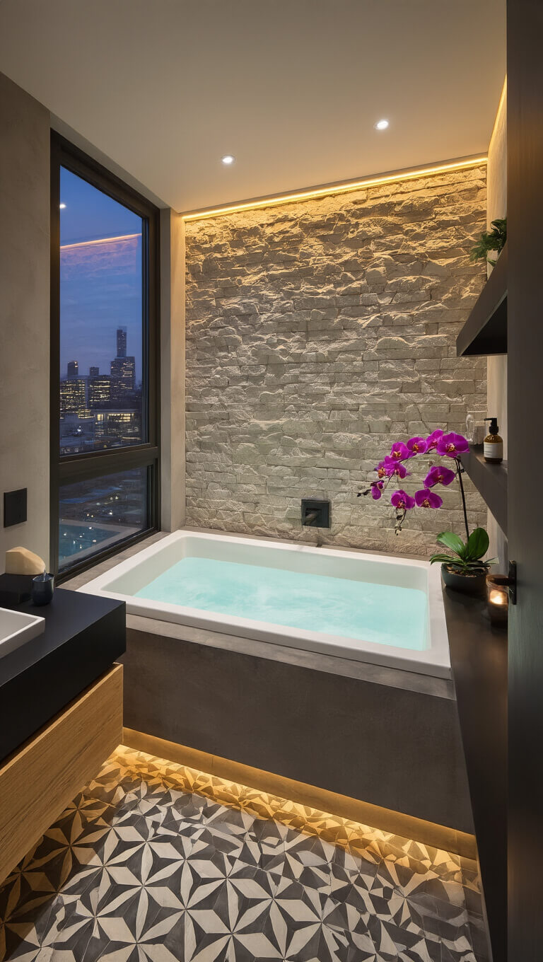 Compact urban bathroom with warm LED lighting, stone accent wall, soaking tub by window with city view, geometric tile floor, floating shelves, and a single orchid.