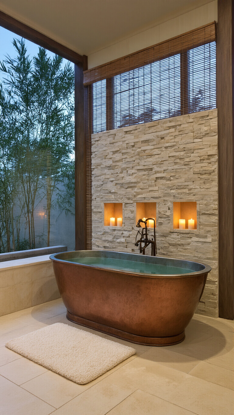 Serene twilight master bath with verdigris copper tub, moonlight casting shadows through bamboo shades, stone walls with candlelit niches, and cream floors with ivory bath mat.