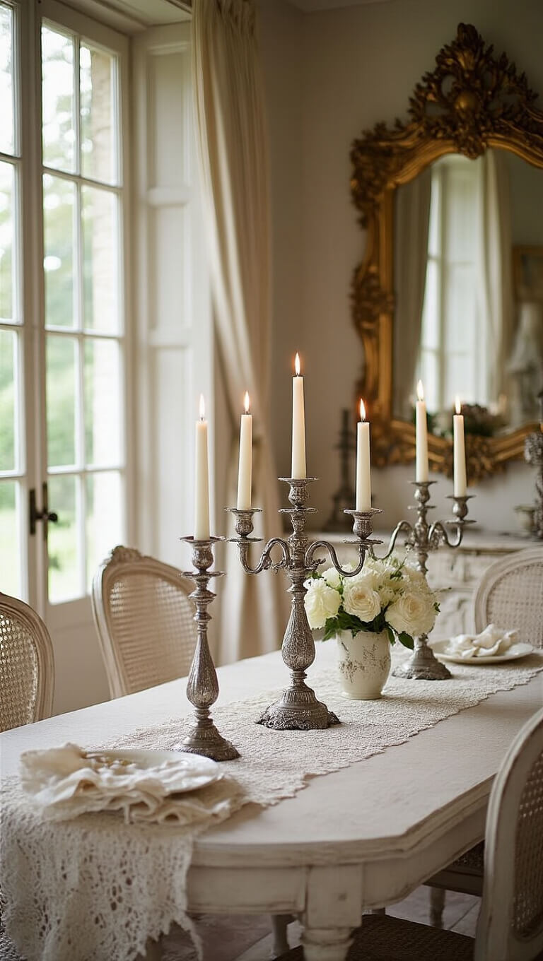 Candlelit shabby chic dining room with distressed ivory furniture, lace and linen table settings, antique candelabras, and a gilt mirror reflecting warm light.