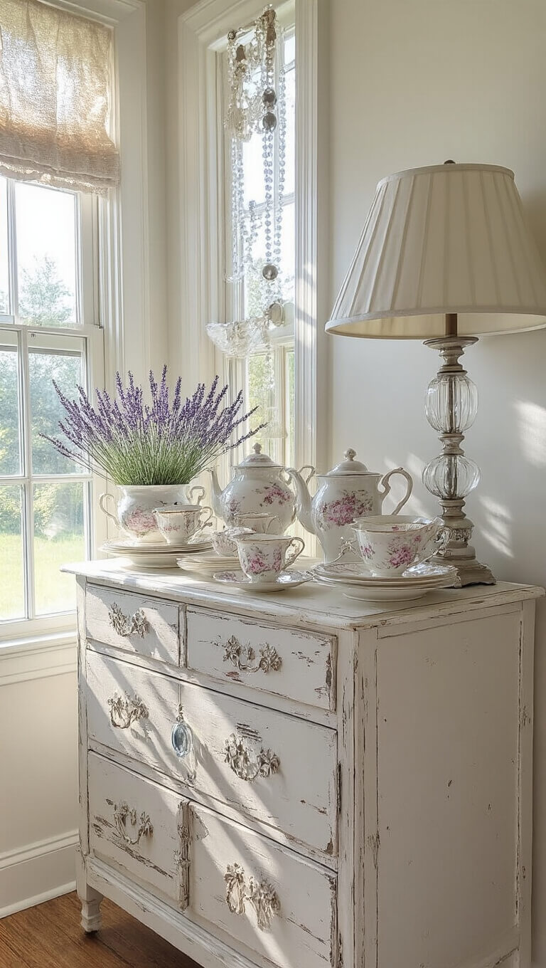 Brightly lit dining room corner with distressed white sideboard, vintage tea sets, crystal knobs, ruffled linens, silver frames, and fresh lavender in soft ivory, pearl, gray, and vintage pink tones.