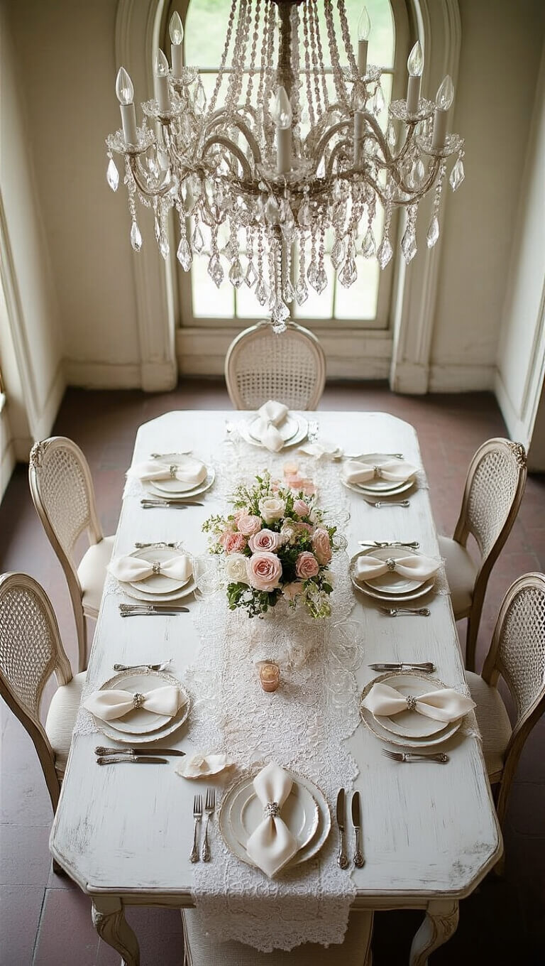 Overhead view of shabby chic formal table setting with vintage lace, pearl-handled silverware, embroidered napkins, and crystal chandelier in 16x20ft space with archway, shot at f/8.