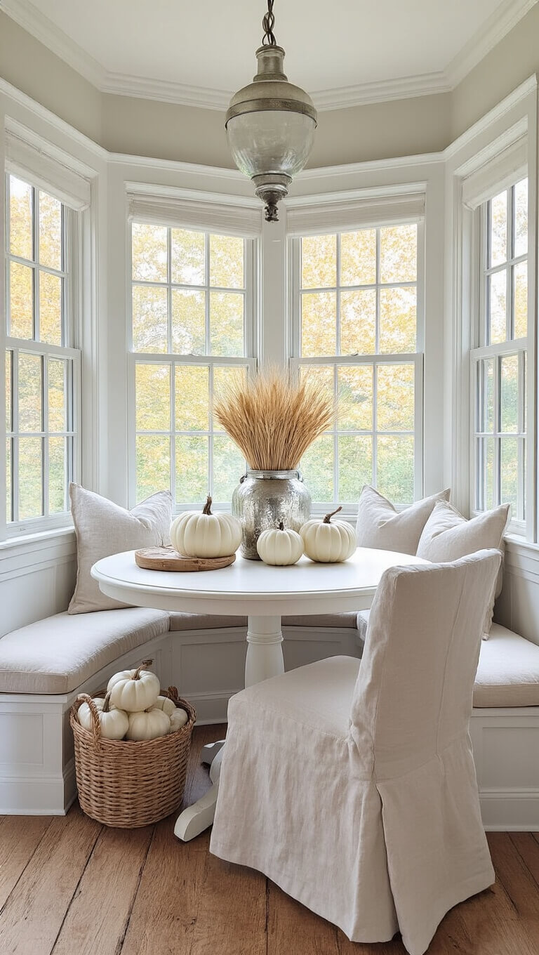 Cozy breakfast nook with distressed white table, linen slipcovered chairs, mercury glass decor, and autumn accents in a soft cream and gray palette.