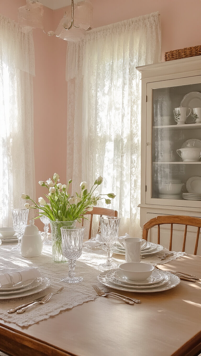 Vintage-inspired dining room bathed in golden hour light with patterned sunlight on pale pink walls, lace curtains, and a crystal and ceramic-set table in foreground.