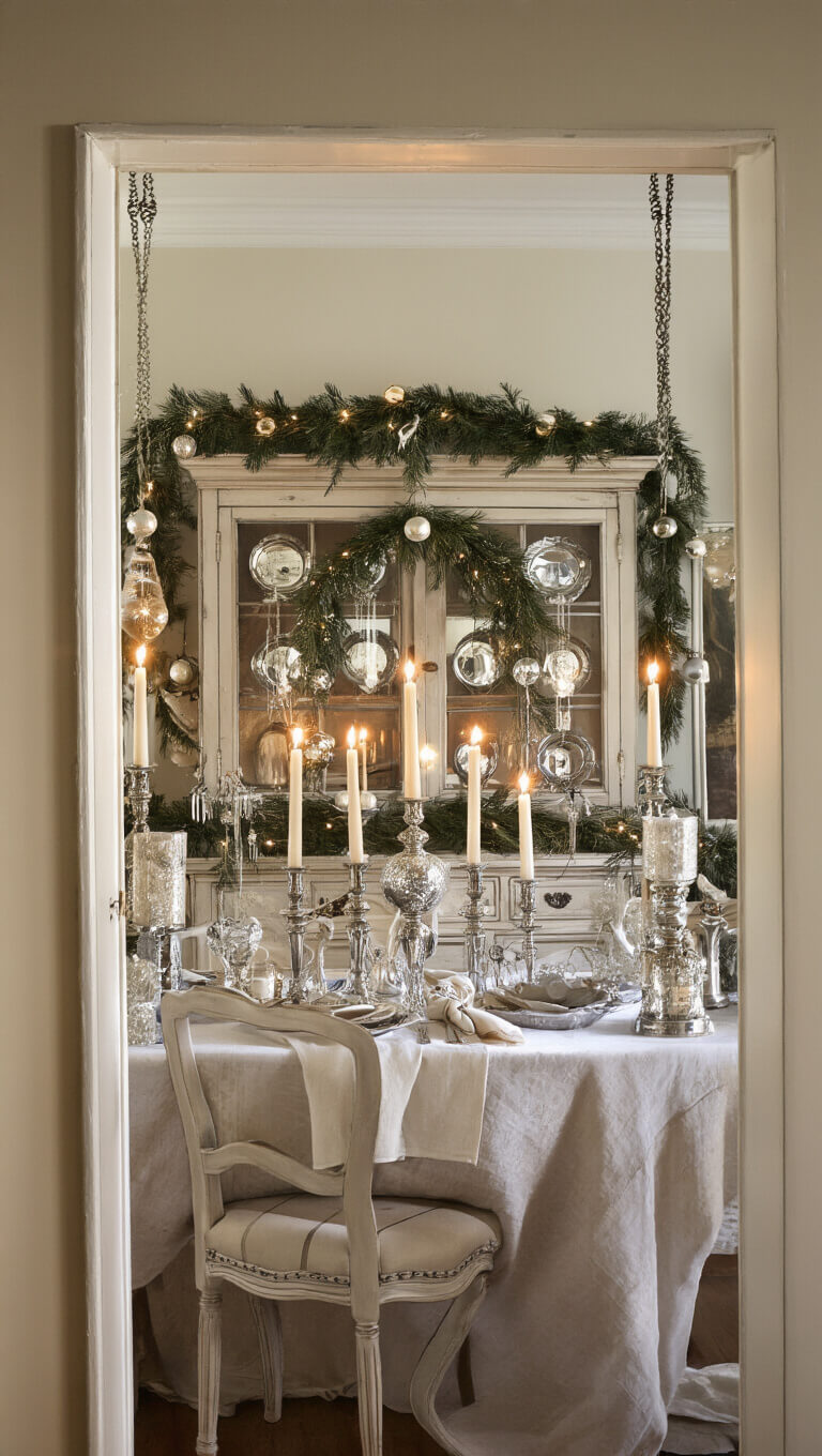 Cozy winter dining room with ivory linens, silver accents, pine garlands, and vintage mirrors reflecting candlelight in warm ambient lighting.
