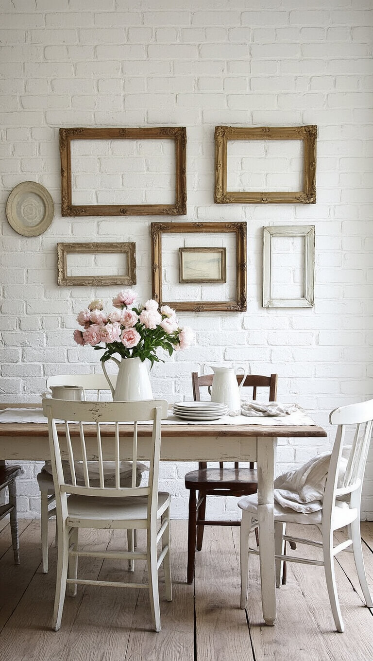 Shabby chic dining room with rustic table, mismatched vintage chairs, white brick wall, antique frames, and fresh peonies in pitchers lit by morning sunlight.