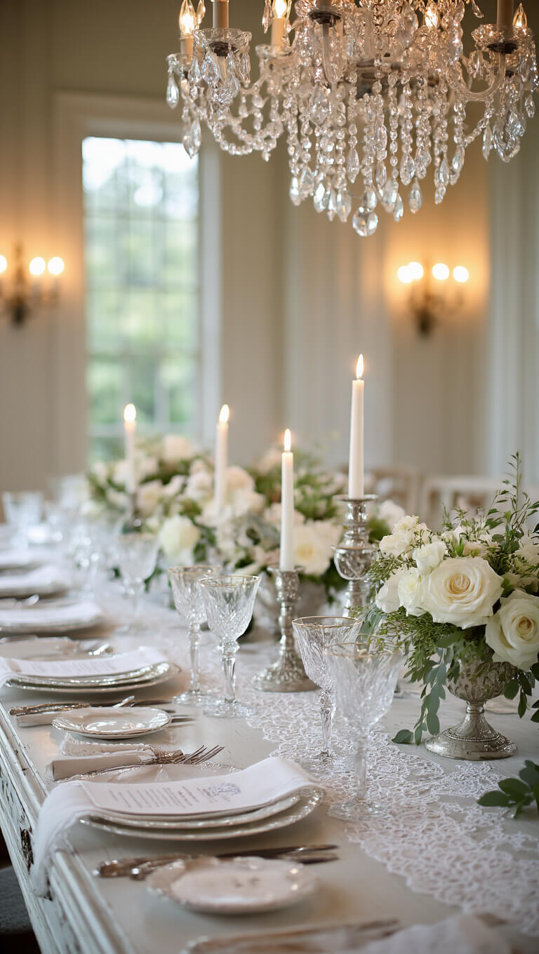 Close-up of antique white dining table with lace details, silver cutlery, crystal stemware, and soft light from beaded chandelier and vintage sconces.