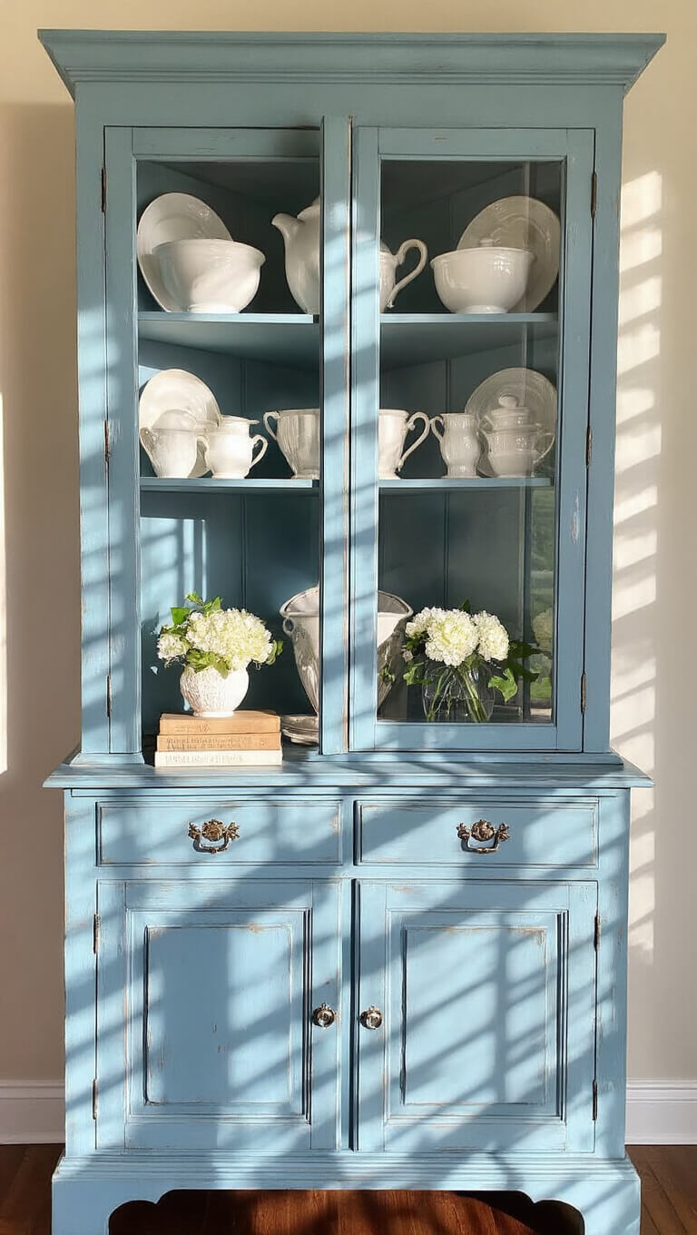 Distressed blue corner hutch with white pottery, silver pieces, vintage books, and fresh flowers in sunlit room with ivory sheer curtains.