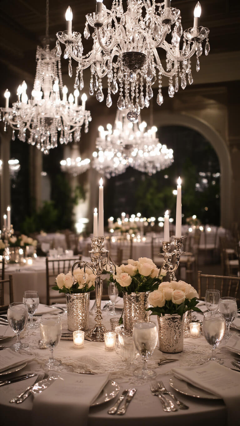 Romantic twilight dining room with vintage linens, silver candelabras, fresh roses, and glowing crystal chandeliers.