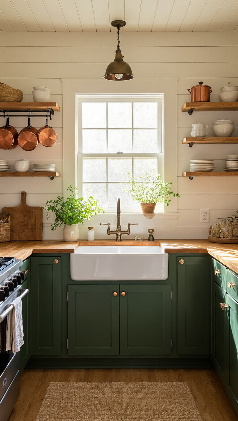 L-shaped cabin kitchen with forest green cabinets, butcher block countertops, and golden hour sunlight streaming through a window above a farmhouse sink.