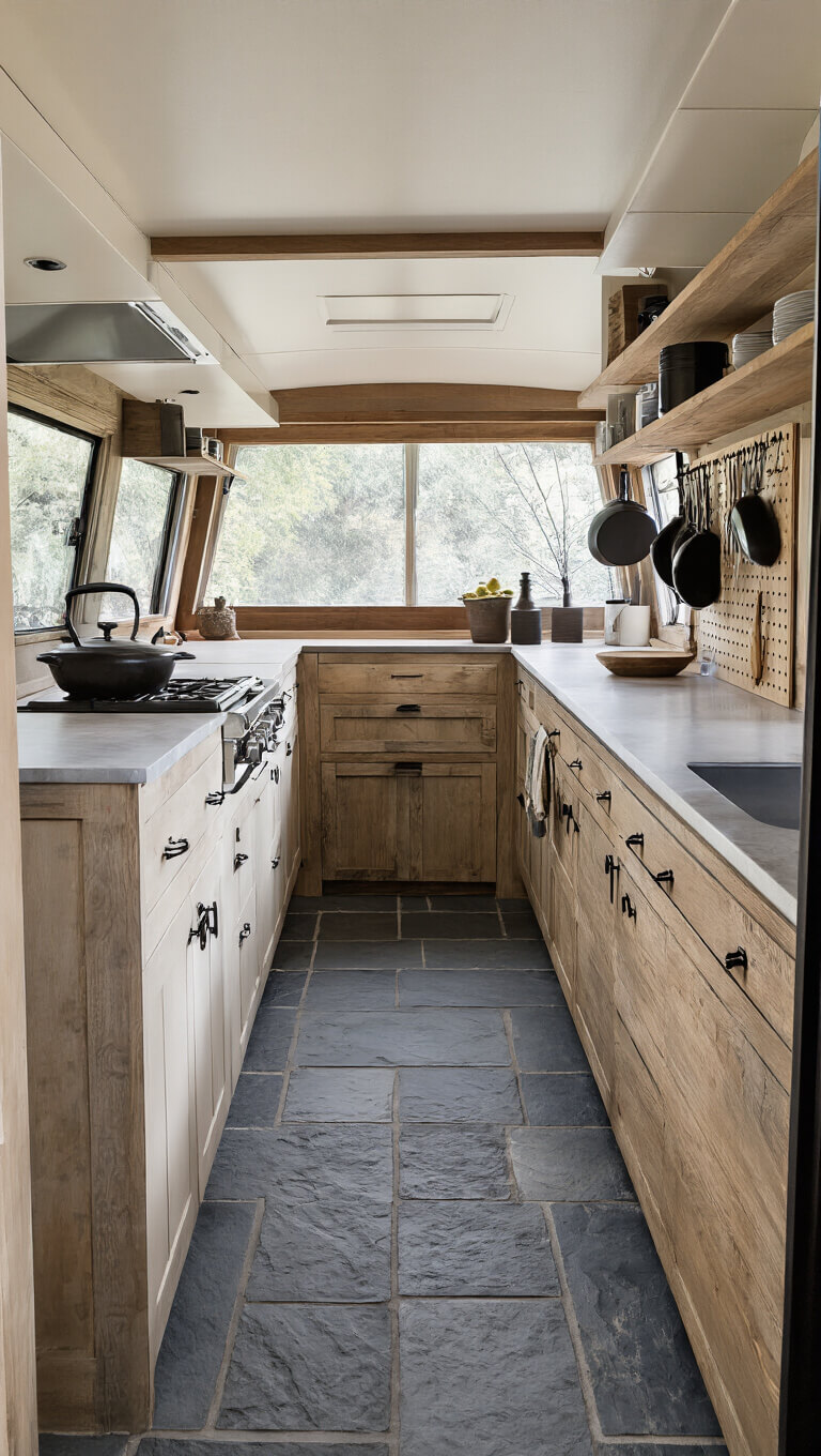 Galley-style cabin kitchen with slate gray stone floor, oak pegboard holding cast iron cookware, and magnetic knife strip above compact workspace, viewed from entrance with soft morning light highlighting rustic modern decor.