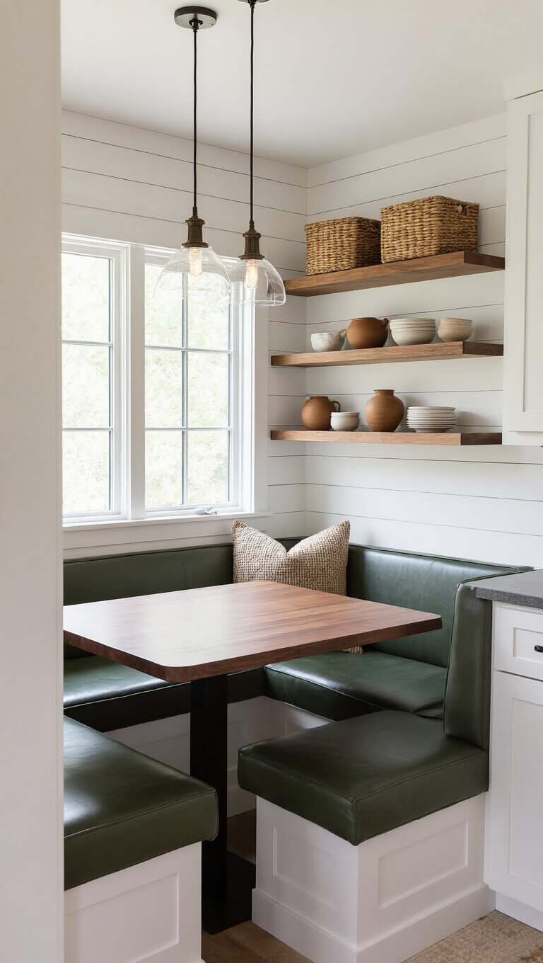 Cozy cabin kitchen at dusk with corner banquette in green leather, fold-down walnut table, floating shelves with pottery, and pendant lighting.