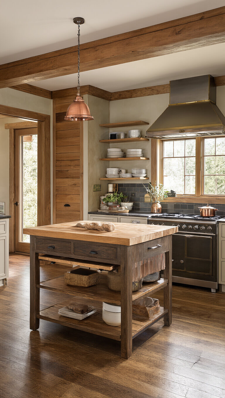 Compact cabin kitchen with warm wood tones, floor-to-ceiling storage, rolling butcher block island, copper pot-filler, and vintage range in late afternoon light.