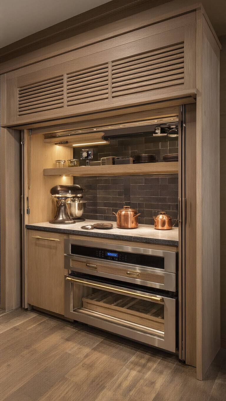 Twilight kitchen with honey oak cabinetry, bifold appliance garage, retractable prep space, LED lighting, vintage copper accents, leather pulls, and smart storage solutions.