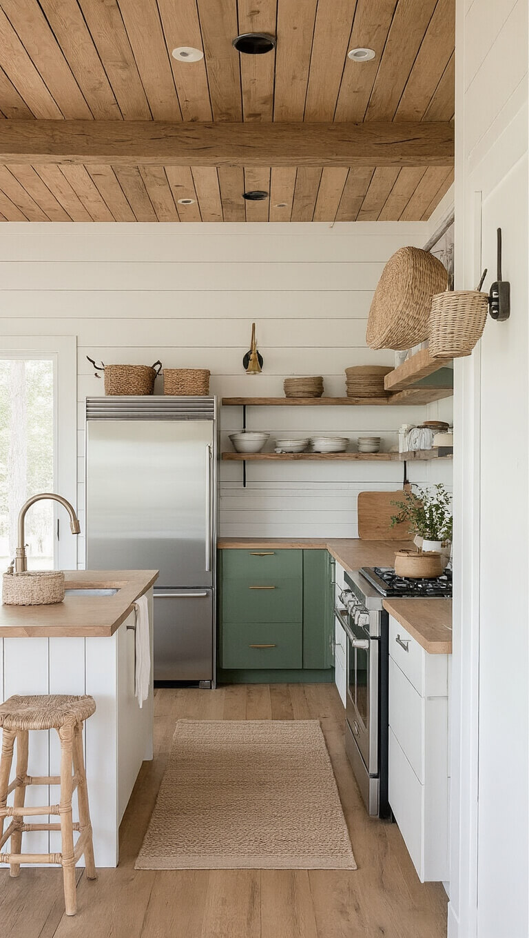 Rustic-modern cabin kitchen with vertical storage, compact fridge, shiplap ceiling, pot rack, handwoven textiles, and layered lighting in cream, forest green, and natural wood tones.