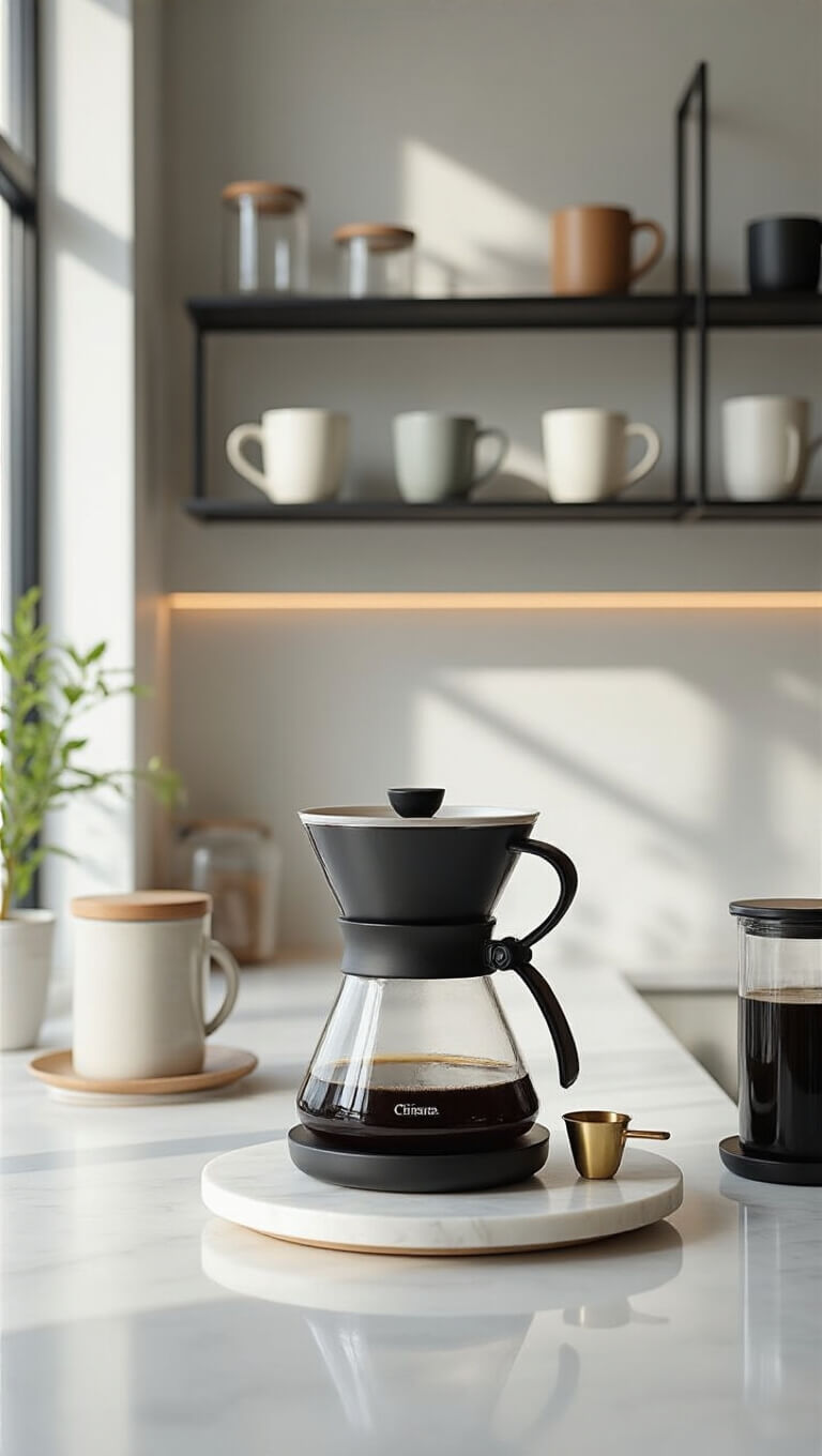 Modern minimalist coffee bar with white quartz countertop, black Chemex, glass canisters, ceramic mugs on black shelves, and morning sunlight filtering in.