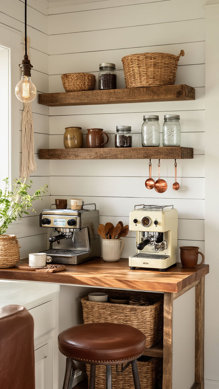 Farmhouse coffee nook with warm white shiplap wall, reclaimed wood shelves holding mason jars, antique espresso machine on butcher block, pottery mugs, and golden hour lighting.