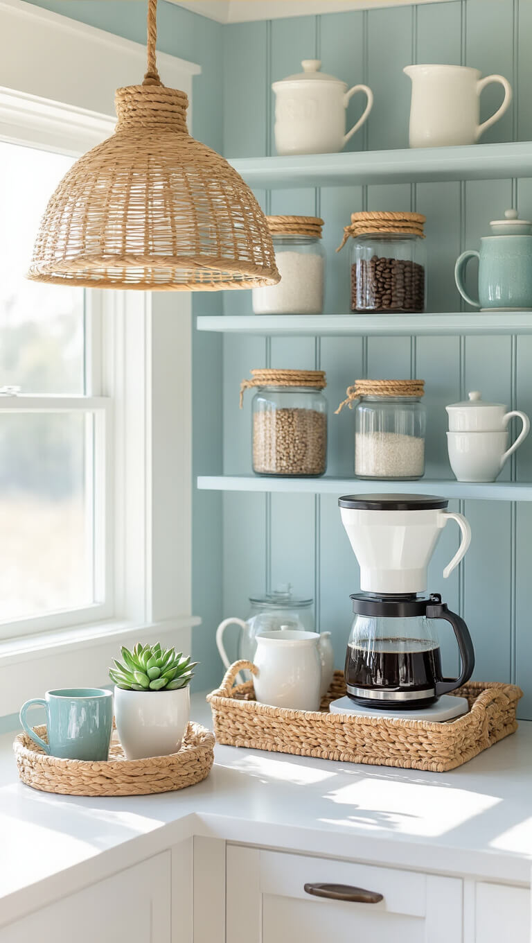 Coastal-style coffee station with white counter, pale blue backsplash, rattan pendant light, sea-glass mugs, and natural accents in morning light.