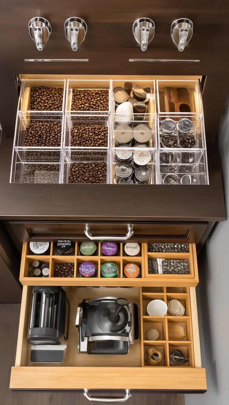 Overhead view of organized coffee bar with dark walnut counter, clear acrylic containers, bamboo drawer organizer, pull-out grinder shelf, and under-cabinet lighting.