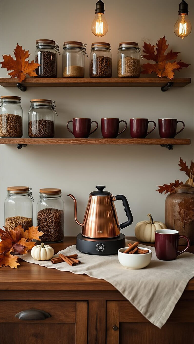 Autumn coffee bar with copper kettle, amber jars, cinnamon sticks, burgundy mugs, dried oak leaves, and white pumpkins on wood counter with cream runner.