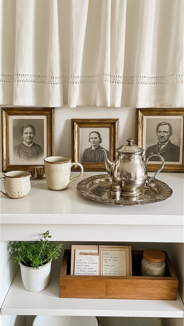 Detail view of cozy morning coffee nook with vintage family photos, artisan pottery mugs, heirloom silver set, and handwritten recipes in soft dawn light.