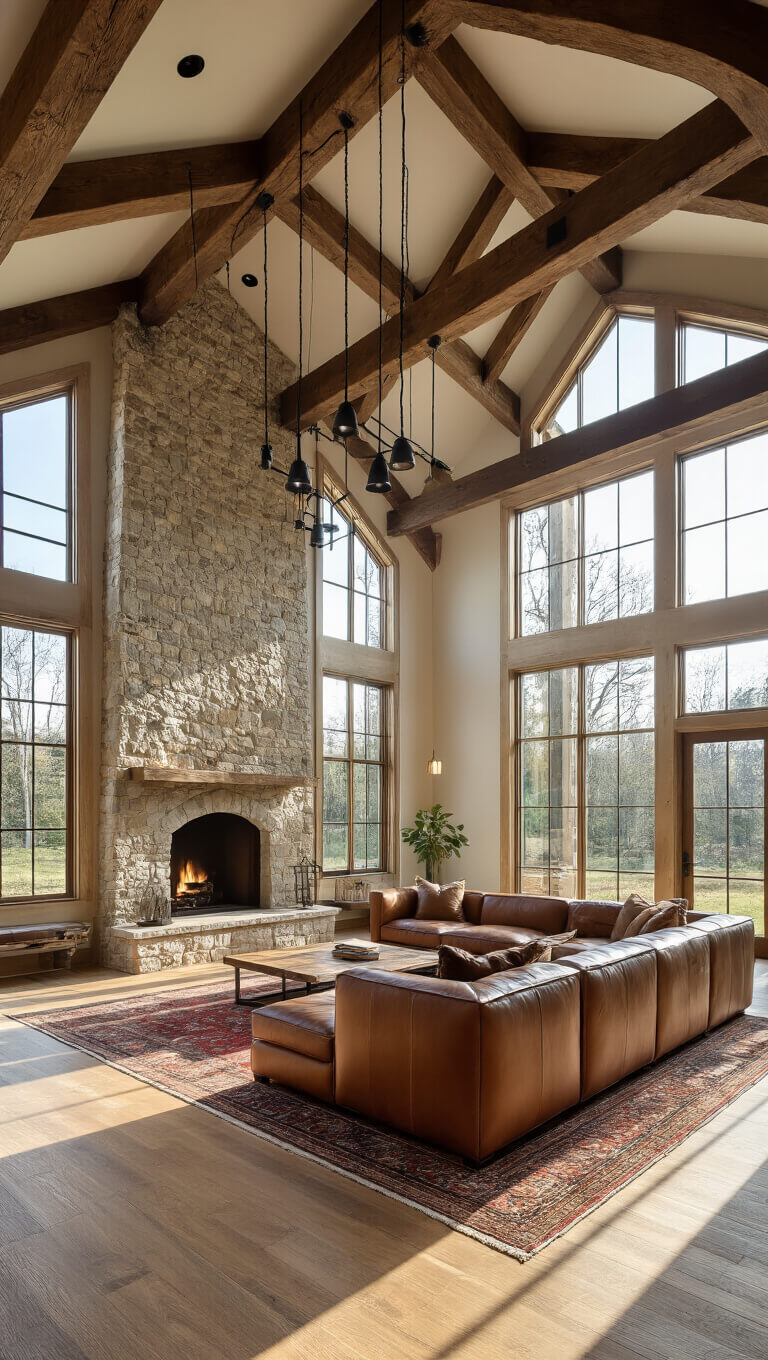 Sunlit great room with 20ft cathedral ceilings, exposed oak beams, floor-to-ceiling windows, hickory flooring, stone fireplace, leather sectional, Persian rug, and industrial lighting.