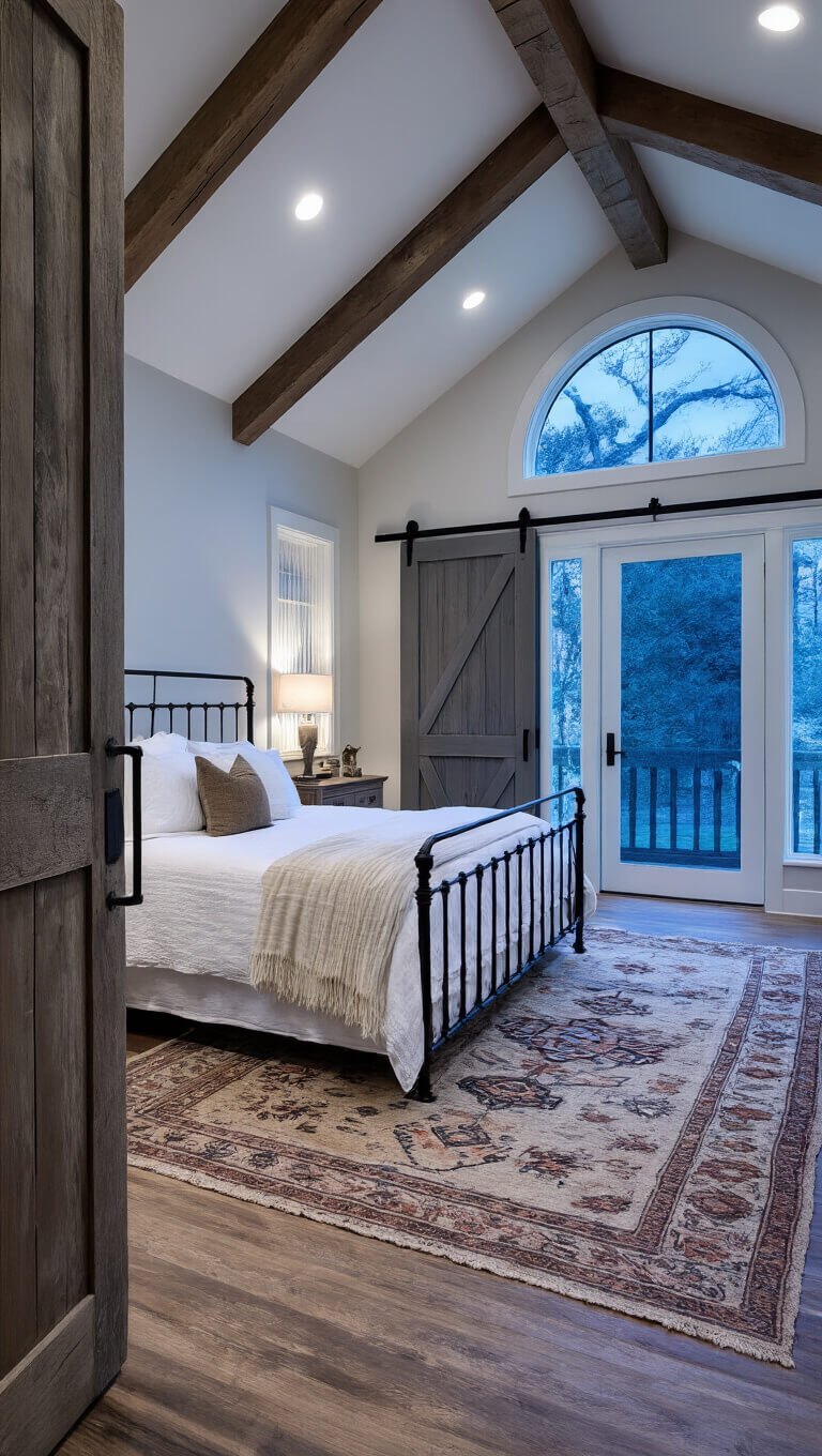 Moody master bedroom with 16ft peaked ceiling, exposed trusses, iron bed, barn wood nightstands, kilim rug, and dusk light through arched windows.