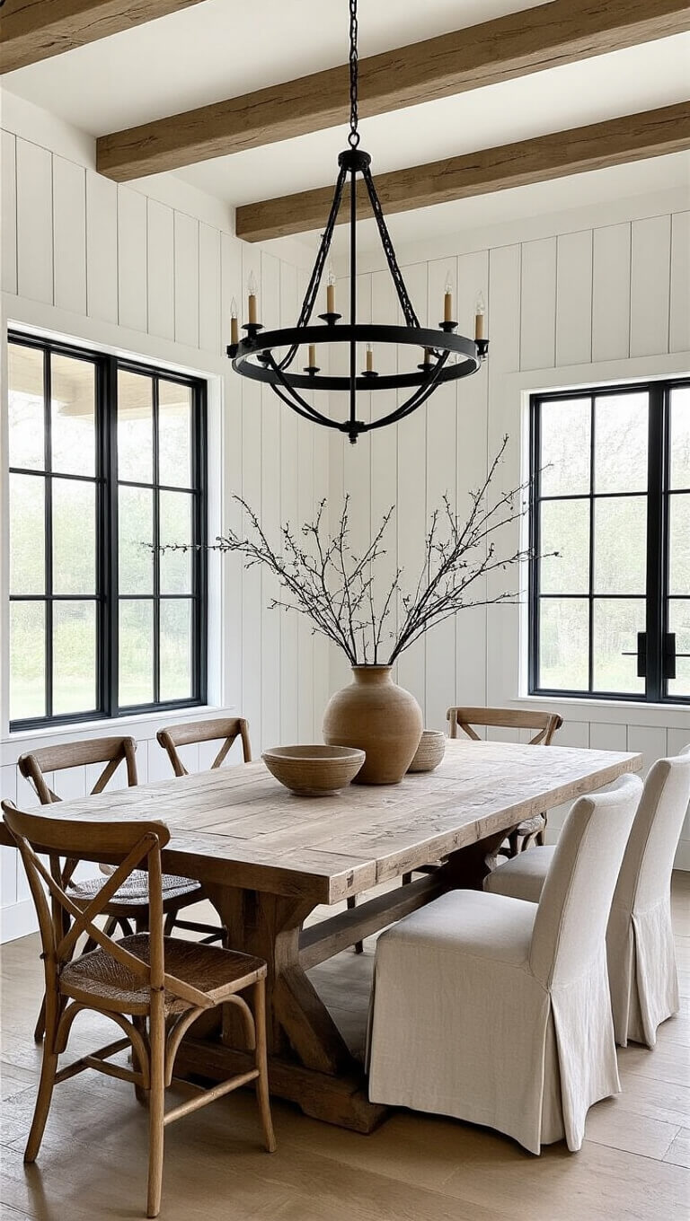 Farmhouse-style dining room with 15-foot warm white board and batten walls, large black steel windows, reclaimed wood table for ten, mixed seating, oversized iron chandelier, and a simple branch centerpiece.