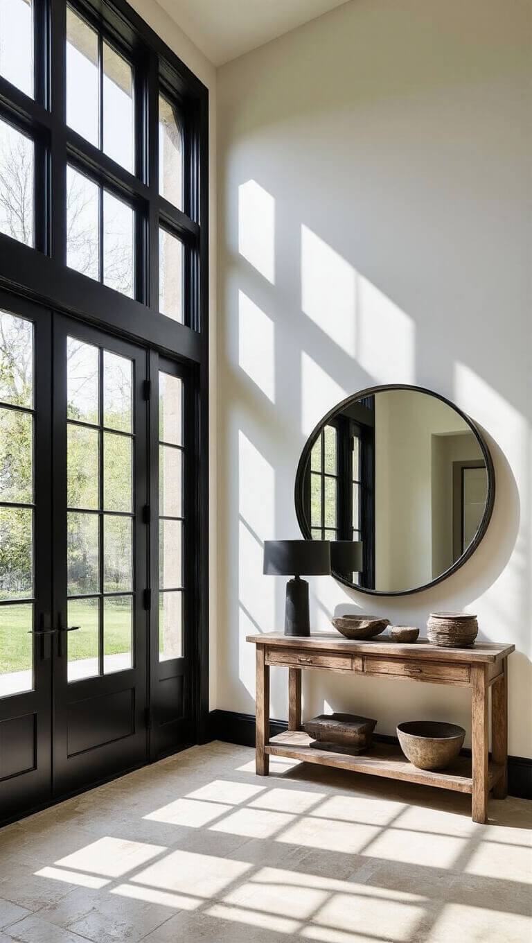 Double-height foyer with black steel and glass door, limestone floor, vintage console, industrial lamp, and round mirror reflecting late afternoon light.