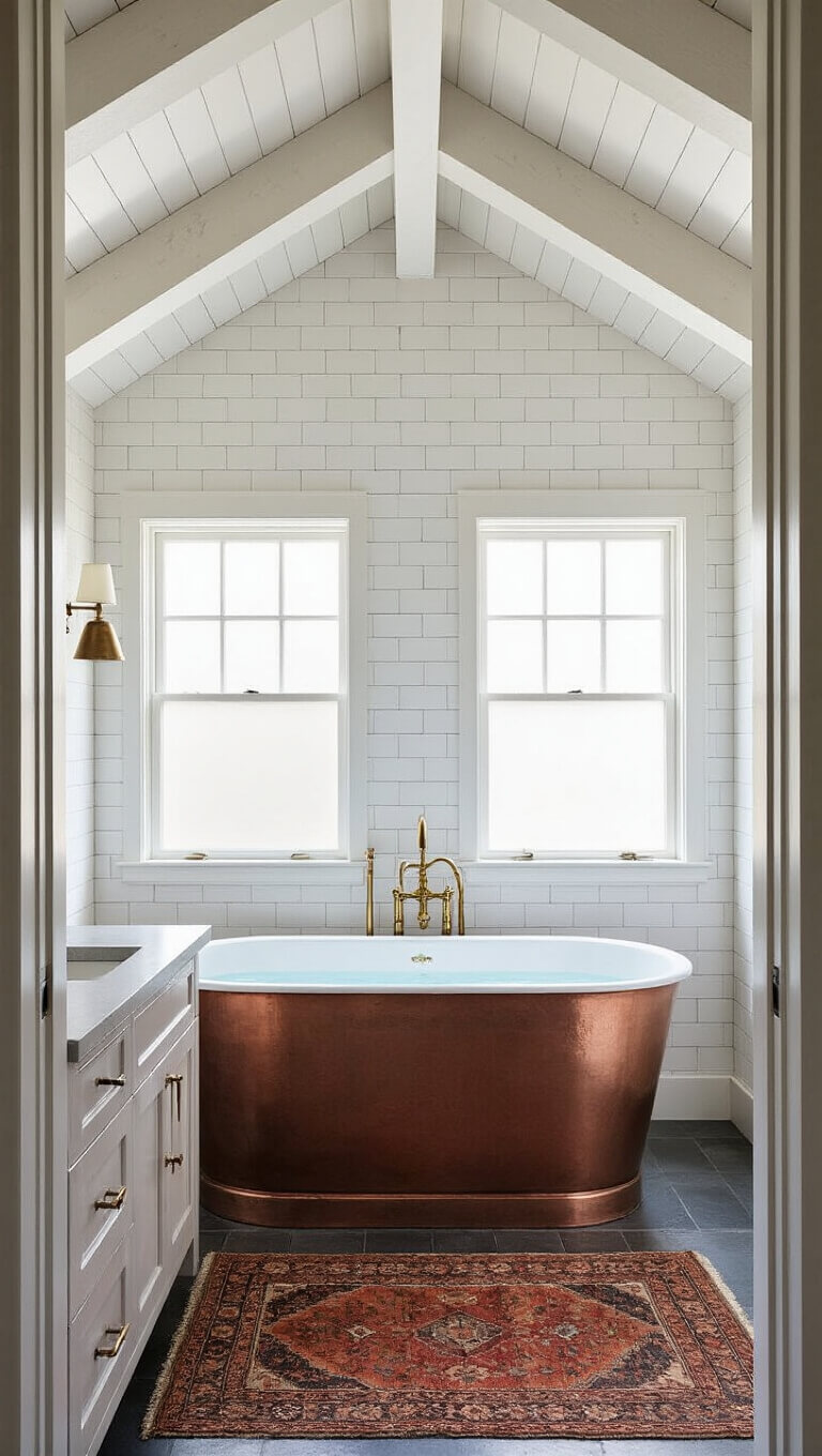 Spa-inspired primary bathroom with 10ft ceilings, exposed white oak beams, freestanding copper tub, concrete double vanity with brass fixtures, white subway tile walls, frosted windows, and a vintage Turkish rug.