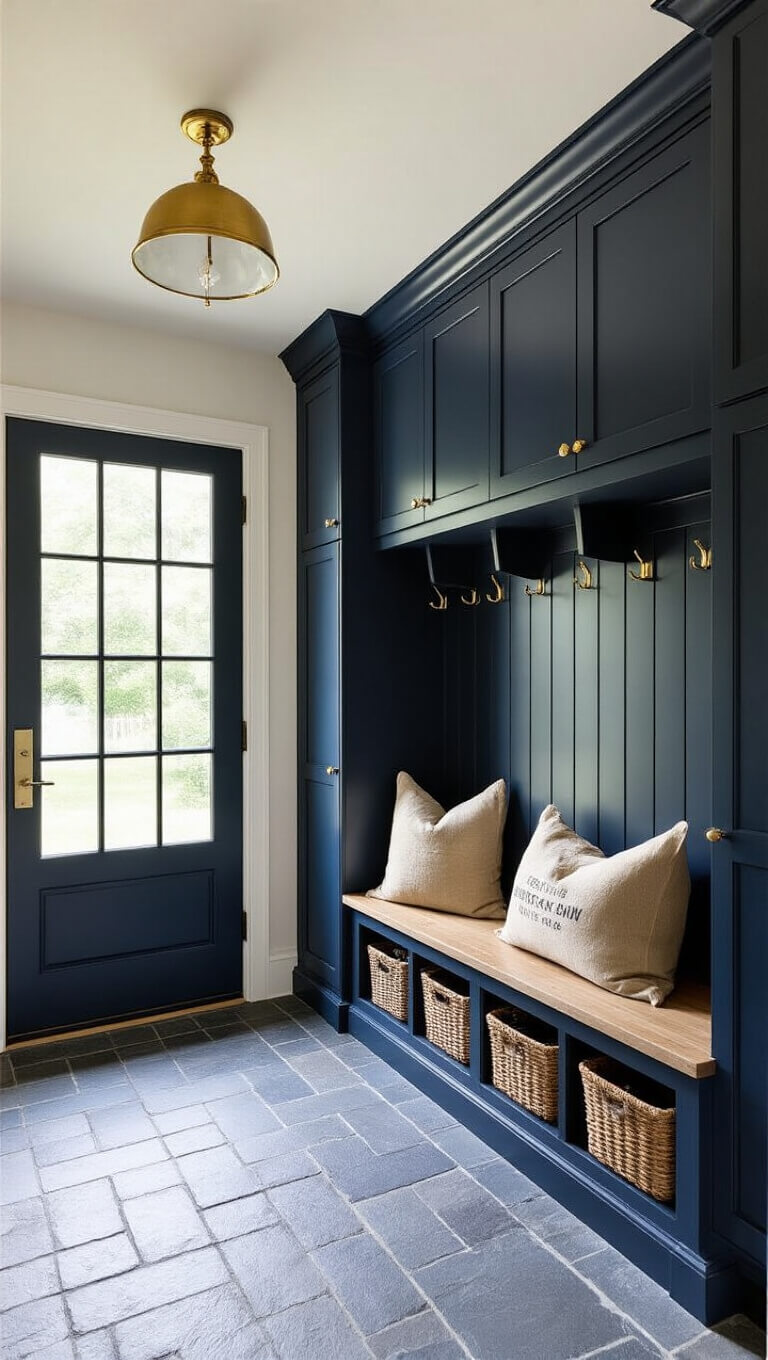 Mudroom with deep navy floor-to-ceiling custom storage, brass hardware, slate herringbone floor, oak bench with vintage cushions, and woven baskets.