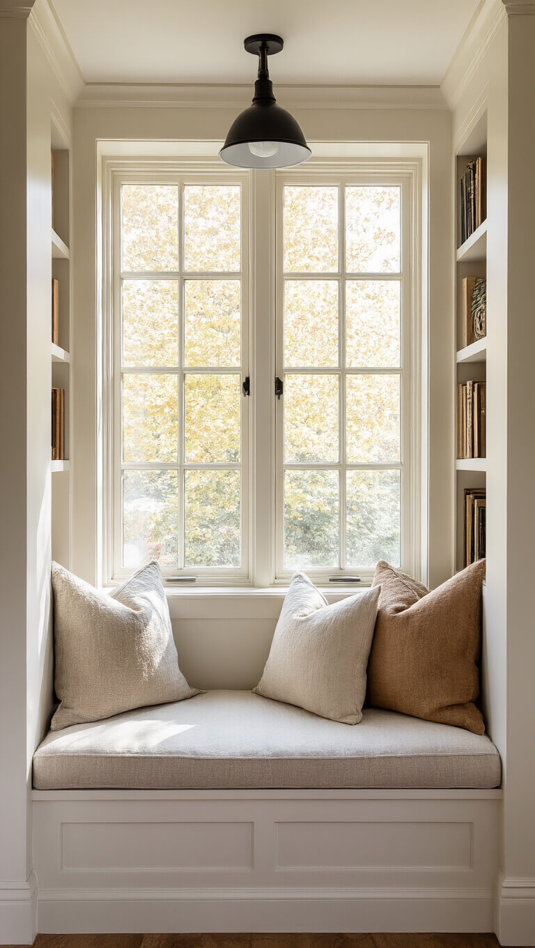 Cozy 8x10ft window nook with cushioned bench, golden hour light, built-in white bookshelves, layered pillows, and matte black reading sconce.