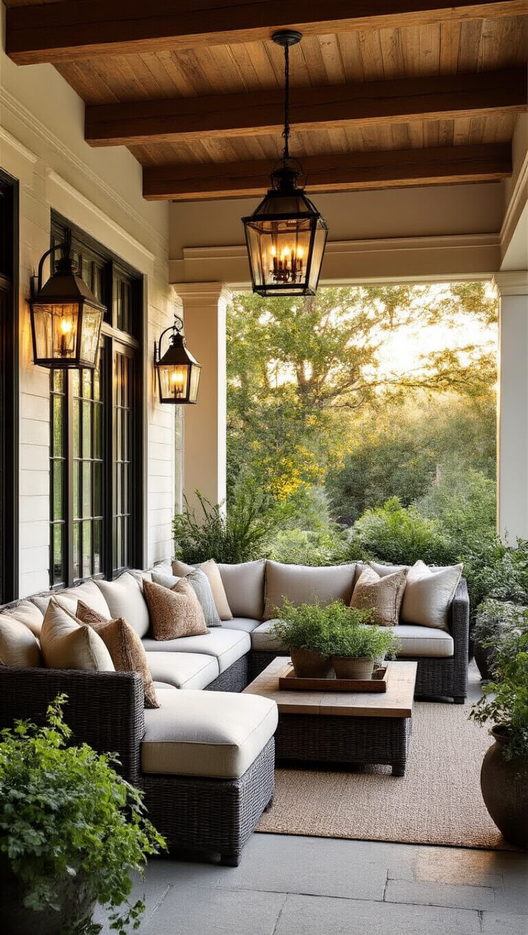 Covered porch with 12ft ceiling, exposed cedar beams, deep seating sectional with vintage pillows, iron and glass lanterns, potted herbs in vintage containers, warm magic hour lighting, and visible indoor/outdoor connection.