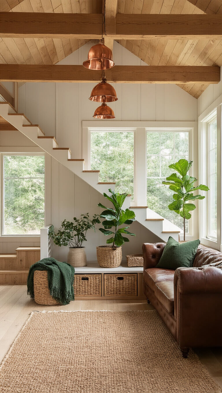 Sunlit cabin interior with exposed wood beams, leather sofa, L-shaped storage staircase, and natural decor accents in warm morning light.