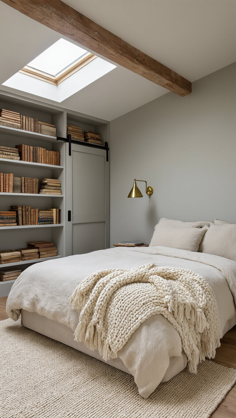 Cozy loft bedroom with cream linens, chunky knits, vintage books, and skylight-lit wooden beams.
