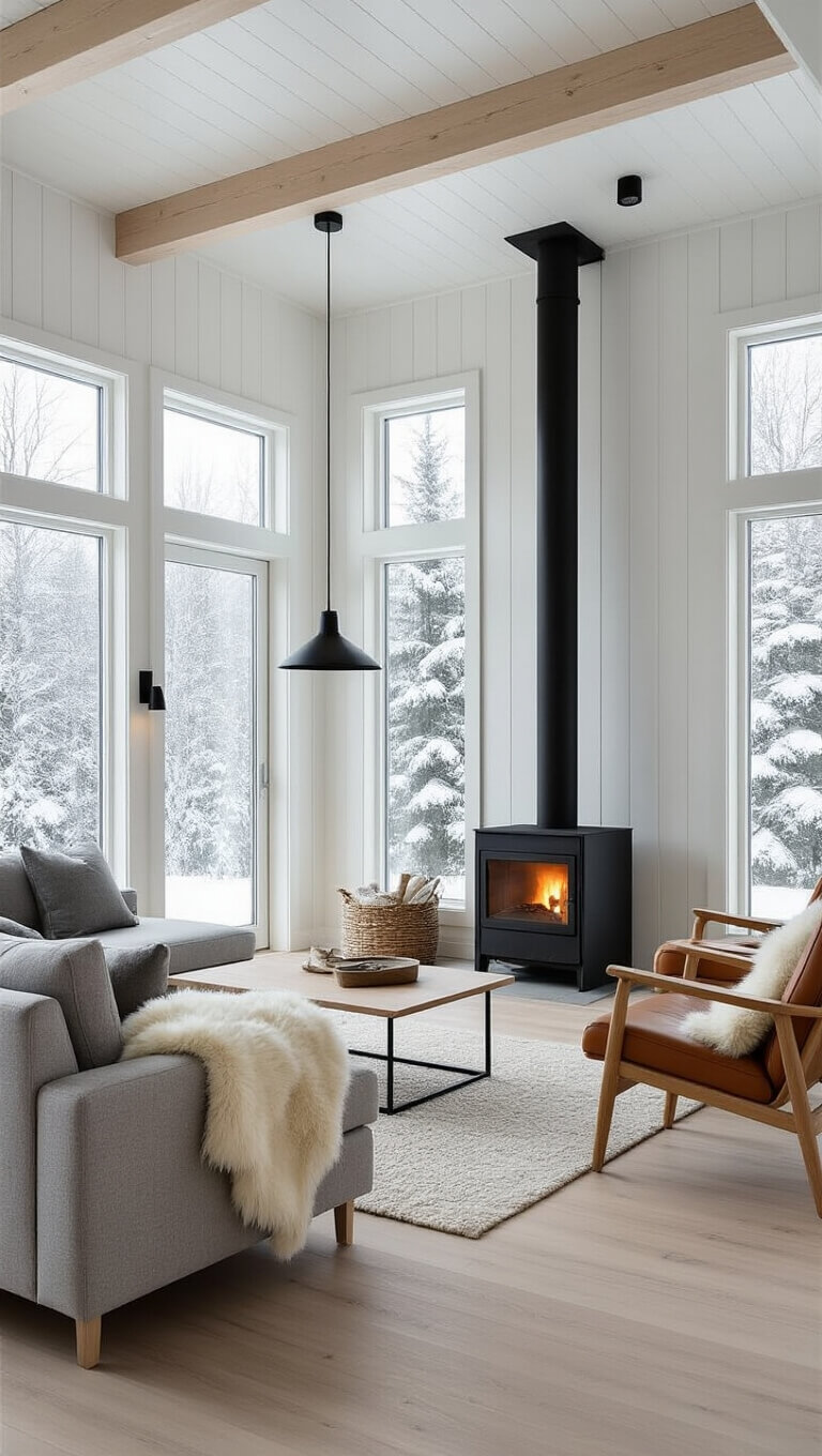 Scandinavian-style cabin living room with black wood stove, gray and leather furniture, sheepskin accents, and snowy pine view through large windows.