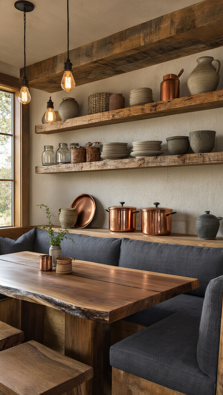 Rustic-modern kitchen nook with reclaimed wood shelves, artisanal ceramics, copper cookware, and a live-edge walnut table lit by Edison bulb pendants at golden hour.