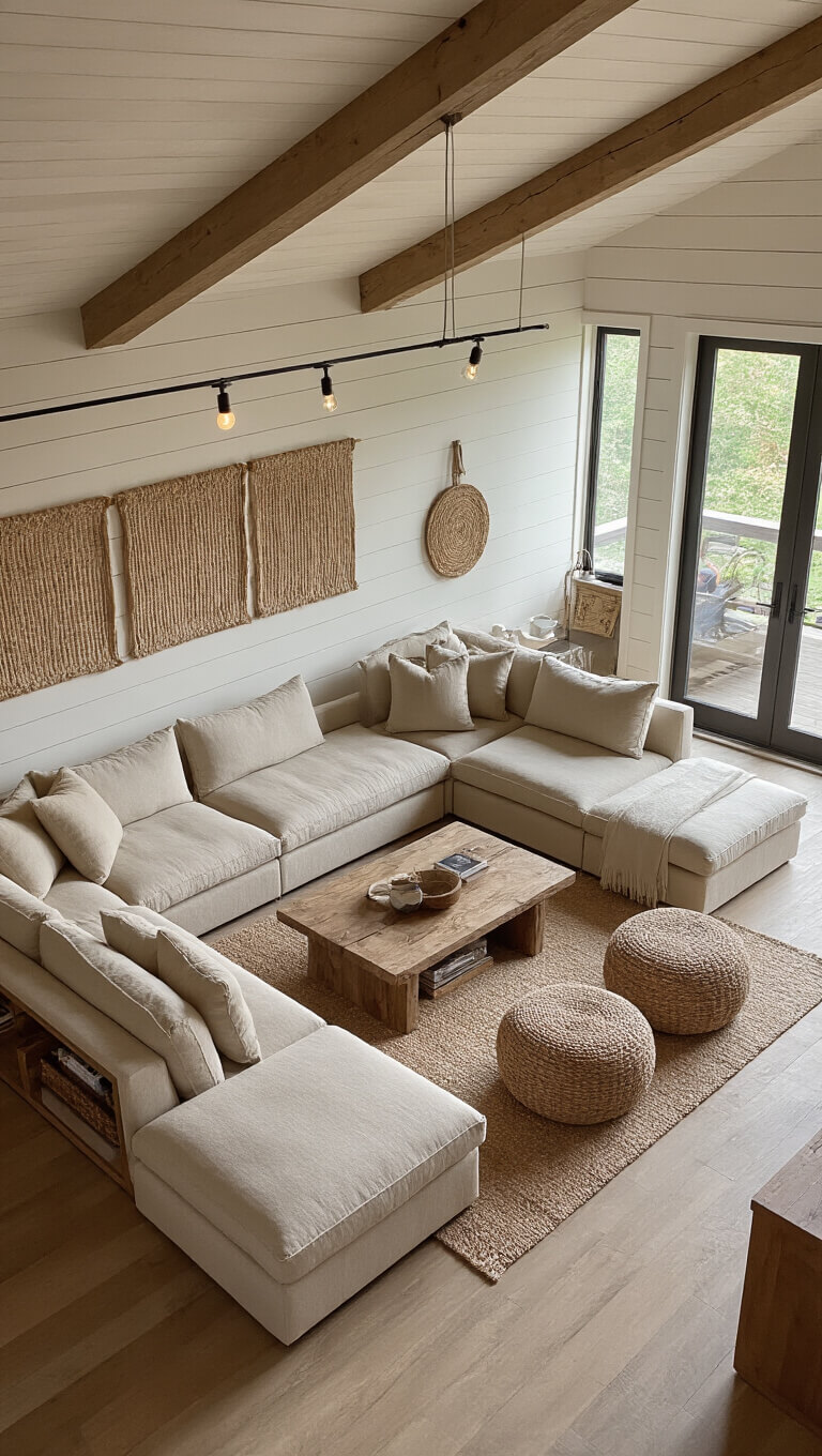 Overhead view of a multifunctional living space with a modular oatmeal linen sofa, hidden storage ottomans, rustic coffee table, woven wall hangings on shiplap walls, and mixed natural and LED lighting.