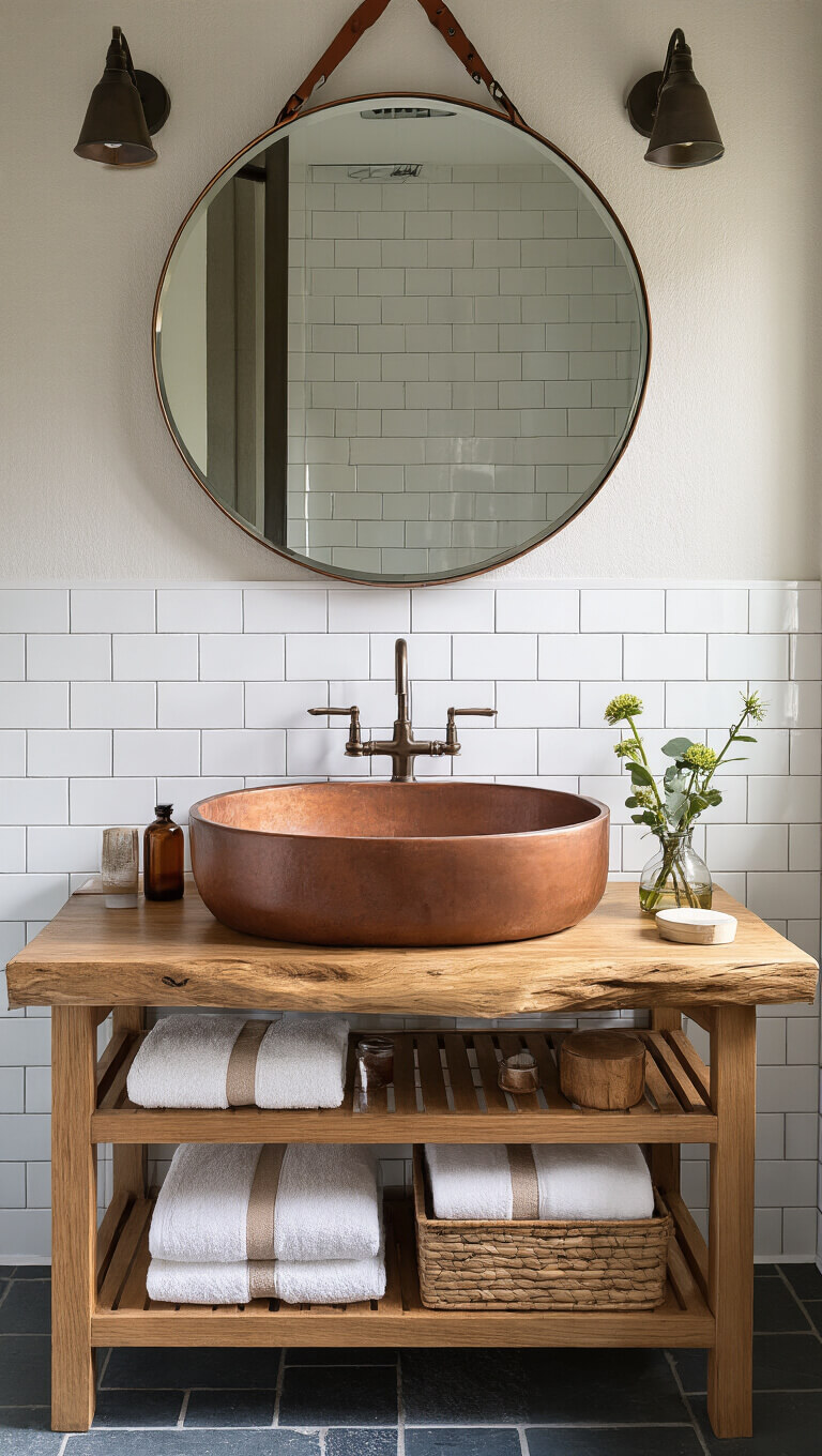 Copper sink in live-edge wood vanity with round mirror, Turkish towels, and amber glass jars in sunlit bathroom.