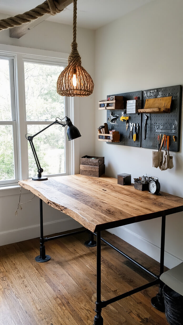 Cozy workspace corner with live-edge desk under a beam, featuring industrial lighting, pegboard tool display, and morning light highlighting reclaimed wood.