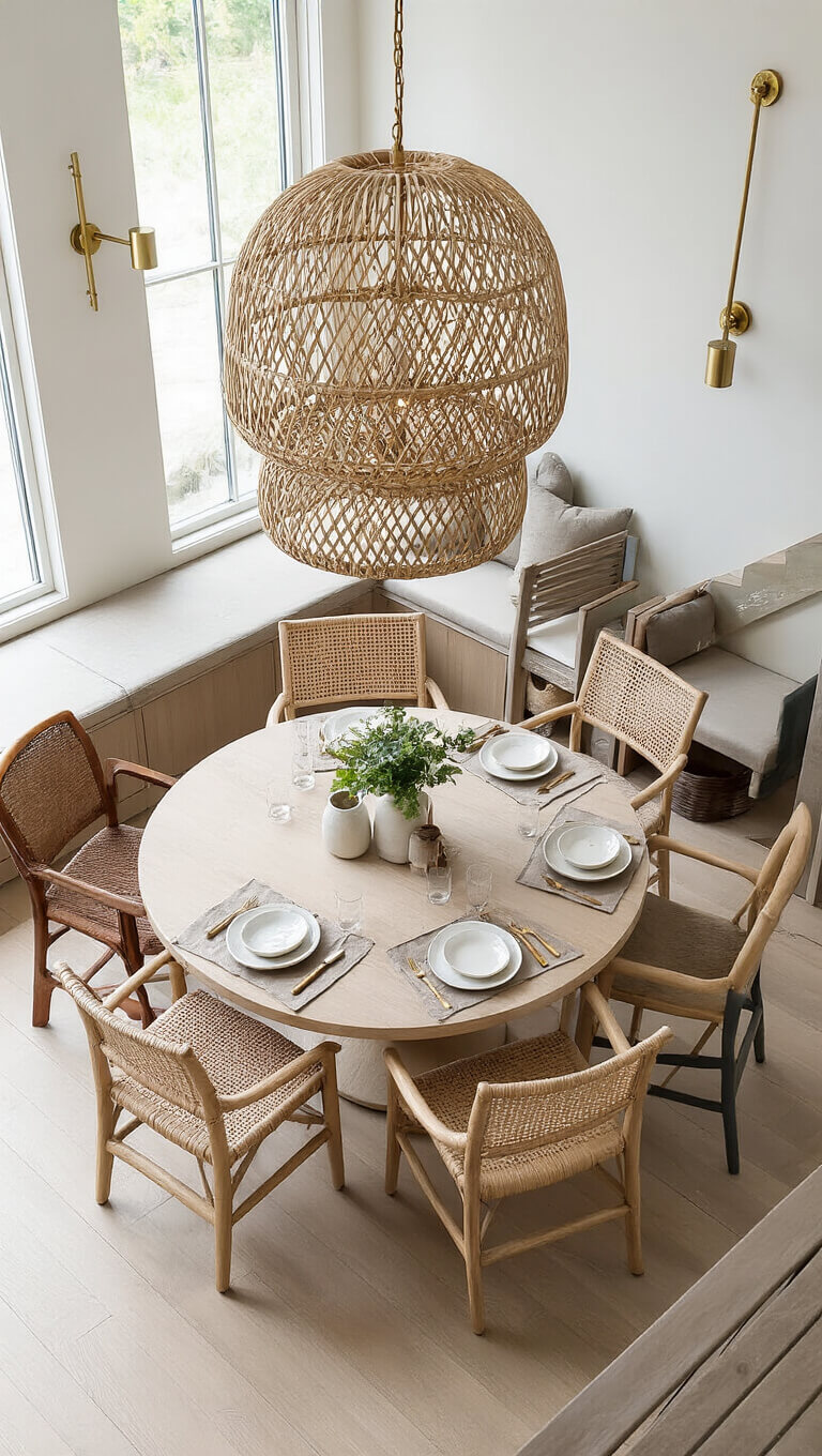 Aerial view of cozy dining area with round oak table, vintage chairs, rattan pendant, and brass sconce during lunch service.